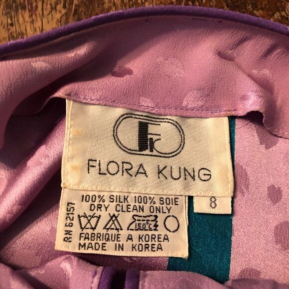 Vintage 80s Flora Kung Sheath‎ Dress Purple Silk Retro Glam Puff Shoulder - Picture 8 of 9